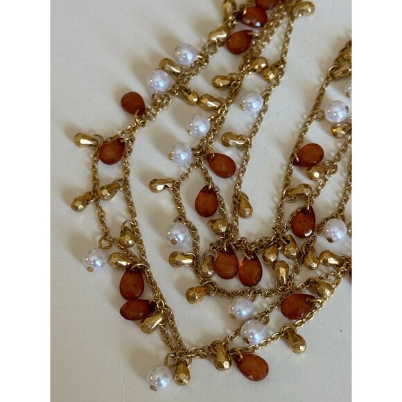 Premier Jewelry Gold Multi-Strand Necklace Earrings Set Faux Pearls Amber Color - Picture 2 of 9